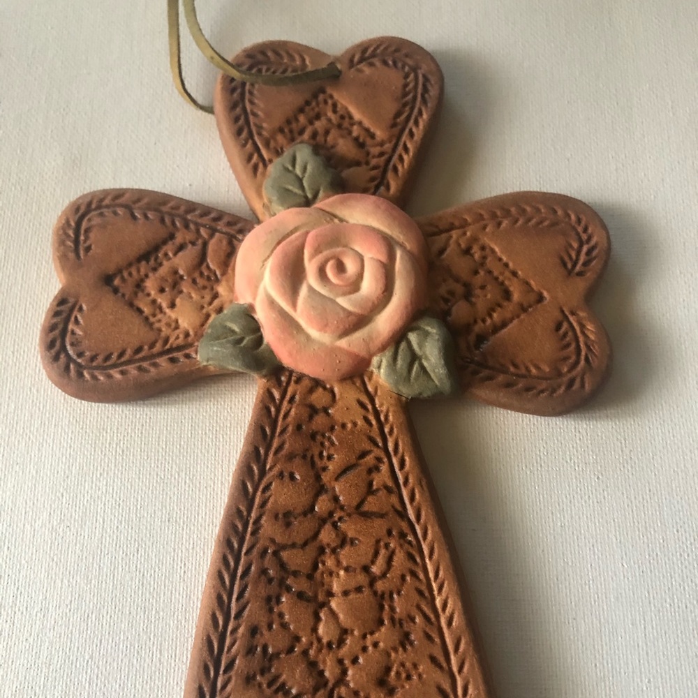 Terra-Cotta Crucifix with Pink Rose Leather Cord